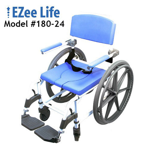 Aluminum Shower Commode Chair, 18" with 24" Wheelchair Wheels